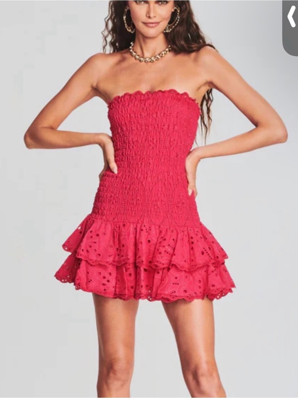 Strapless CHARO Ruiz Ibiza Smocked Eyelet Ruffle Mini Dress - Bright Pink